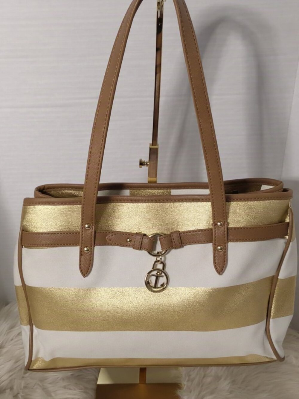 Tommy Hilfiger Gold & White Stripe Tote – Elegant Everyday Bag